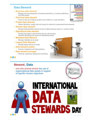 Data Steward
• Business data steward
– Manage from the perspective of business elements (i.e. business definitions
and data quality)
• Technical data steward
– Focus on the use of data by systems and models (i.e. code operation)
• Project data steward
– Gather definitions, quality rules and issues for referral to business/technical stewards
• Domain data steward
– Manage data/metadata required across multiple business areas (i.e. customer data)
• Operational data steward
– Directly input data or instruct those who do; aid business
stewards identifying root cause and addressing issues
• Metadata Data Steward
– Manage metadata as an asset
• Legacy Data Steward
– Manage legacy data as an asset
• Data steward auditor
– Ensures compliance with data guidance
• Data steward manager
– Planning, organizing, leading and controlling
© Copyright 2020 by Peter Aiken Slide # 7https://plusanythingawesome.com
(list adapted from Plotkin, 2014)
one who actively directs the use of
organizational data assets in support
of specific mission objectives
Steward
• one who actively directs
© Copyright 2020 by Peter Aiken Slide # 8https://plusanythingawesome.com
, Data
 