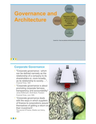 Governance and
Architecture
© Copyright 2020 by Peter Aiken Slide # 11https://plusanythingawesome.com
Example from: https://www.slideshare.net/AnthonyDehnashi/architecture-governance
https://plusanythingawesome.com
Corporate Governance
• "Corporate governance - which
can be defined narrowly as the
relationship of a company to its
shareholders or, more broadly,
as its relationship to society….",
Financial Times, 1997.
• "Corporate governance is about
promoting corporate fairness,
transparency and accountability"
James Wolfensohn, World Bank, President
Financial Times, June 1999.
• “Corporate governance deals
with the ways in which suppliers
of finance to corporations assure
themselves of getting a return on
their investment”,
The Journal of Finance, Shleifer and Vishny,
1997.
© Copyright 2020 by Peter Aiken Slide # 12https://plusanythingawesome.com
 