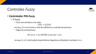 • Controlador PID-Fuzzy
• P-Fuzzy
• Para uma entrada e uma saída
𝑈(𝑘) = 𝐾𝑝𝐸(𝑘)
em que, 𝐸 é o erro entre o sinal de referência e a variável do processo.
• Regra de controle fuzzy
𝑆𝐸 𝑒𝑟𝑟𝑜 = 𝐸𝑖 𝐸𝑁𝑇Ã𝑂 𝑐𝑜𝑛𝑡𝑟𝑜𝑙𝑒 = 𝑈𝑖
em que, 𝐸𝑖 e 𝑈𝑖 são funções de pertinência linguísticas atribuídas às variáveis 𝑒 e 𝑢.
Controles Fuzzy
17/03/2020 Carlos Teixeira, M.Sc. 102
 