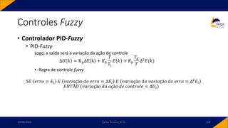 • Controlador PID-Fuzzy
• PID-Fuzzy
Logo, a saída será a variação da ação de controle
Δ𝑈 𝑘 = KpΔE k + 𝐾𝑝
𝑇
𝑇𝑖
𝐸 𝑘 + 𝐾𝑝
𝑇𝑑
𝑇
Δ2𝐸(𝑘)
• Regra de controle fuzzy
𝑆𝐸 𝑒𝑟𝑟𝑜 = 𝐸𝑖 𝐸 𝑣𝑎𝑟𝑖𝑎çã𝑜 𝑑𝑜 𝑒𝑟𝑟𝑜 = Δ𝐸𝑖 𝐸 𝑣𝑎𝑟𝑖𝑎çã𝑜 𝑑𝑎 𝑣𝑎𝑟𝑖𝑎çã𝑜 𝑑𝑜 𝑒𝑟𝑟𝑜 = Δ2𝐸𝑖
𝐸𝑁𝑇Ã𝑂 𝑣𝑎𝑟𝑖𝑎çã𝑜 𝑑𝑎 𝑎çã𝑜 𝑑𝑒 𝑐𝑜𝑛𝑡𝑟𝑜𝑙𝑒 = Δ𝑈𝑖
Controles Fuzzy
17/03/2020 Carlos Teixeira, M.Sc. 108
 