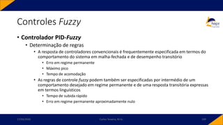 • Controlador PID-Fuzzy
• Determinação de regras
• A resposta de controladores convencionais é frequentemente especificada em termos do
comportamento do sistema em malha-fechada e de desempenho transitório
• Erro em regime permanente
• Máximo pico
• Tempo de acomodação
• As regras de controle fuzzy podem também ser especificadas por intermédio de um
comportamento desejado em regime permanente e de uma resposta transitória expressas
em termos linguísticos
• Tempo de subida rápido
• Erro em regime permanente aproximadamente nulo
Controles Fuzzy
17/03/2020 Carlos Teixeira, M.Sc. 109
 
