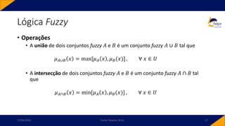 Lógica Fuzzy
• Operações
• A união de dois conjuntos fuzzy 𝐴 e 𝐵 é um conjunto fuzzy 𝐴 ∪ 𝐵 tal que
𝜇𝐴∪𝐵 𝑥 = max[𝜇𝐴 𝑥 , 𝜇𝐵(𝑥)] , ∀ 𝑥 ∈ 𝑈
• A intersecção de dois conjuntos fuzzy 𝐴 e 𝐵 é um conjunto fuzzy 𝐴 ∩ 𝐵 tal
que
𝜇𝐴∩𝐵 𝑥 = min[𝜇𝐴 𝑥 , 𝜇𝐵(𝑥)] , ∀ 𝑥 ∈ 𝑈
17/03/2020 Carlos Teixeira, M.Sc. 27
 