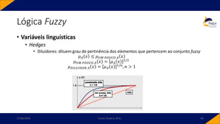 Lógica Fuzzy
• Variáveis linguísticas
• Hedges
• Diluidores: diluem grau de pertinência dos elementos que pertencem ao conjunto fuzzy
𝜇𝐴 𝑥 ≤ 𝜇𝑈𝑀 𝑃𝑂𝑈𝐶𝑂 𝐴 𝑥
𝜇𝑈𝑀 𝑃𝑂𝑈𝐶𝑂 𝐴 𝑥 = 𝜇𝐴 𝑥 1/2
𝜇𝐷𝐼𝐿𝑈𝐼𝐷𝑂𝑅 𝐴 𝑥 = 𝜇𝐴 𝑥 1/𝑛
, 𝑛 > 1
17/03/2020 Carlos Teixeira, M.Sc. 38
 