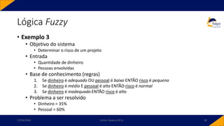 • Exemplo 3
• Objetivo do sistema
• Determinar o risco de um projeto
• Entrada
• Quantidade de dinheiro
• Pessoas envolvidas
• Base de conhecimento (regras)
1. Se dinheiro é adequado OU pessoal é baixo ENTÃO risco é pequeno
2. Se dinheiro é médio E pessoal é alto ENTÃO risco é normal
3. Se dinheiro é inadequado ENTÃO risco é alto
• Problema a ser resolvido
• Dinheiro = 35%
• Pessoal = 60%
Lógica Fuzzy
17/03/2020 Carlos Teixeira, M.Sc. 48
 