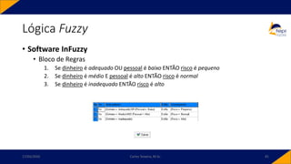 • Software InFuzzy
• Bloco de Regras
1. Se dinheiro é adequado OU pessoal é baixo ENTÃO risco é pequeno
2. Se dinheiro é médio E pessoal é alto ENTÃO risco é normal
3. Se dinheiro é inadequado ENTÃO risco é alto
Lógica Fuzzy
17/03/2020 Carlos Teixeira, M.Sc. 81
 