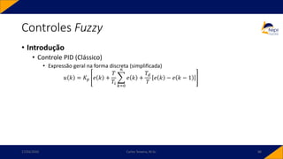 • Introdução
• Controle PID (Clássico)
• Expressão geral na forma discreta (simplificada)
𝑢 𝑘 = 𝐾𝑝 𝑒 𝑘 +
𝑇
𝑇𝑖
෍
𝑘=0
𝑛
𝑒 𝑘 +
𝑇𝑑
𝑇
𝑒 𝑘 − 𝑒 𝑘 − 1
Controles Fuzzy
17/03/2020 Carlos Teixeira, M.Sc. 88
 