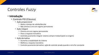 • Introdução
• Controle PID (Clássico)
• Ação proporcional
• Reduz o tempo de subida/descida
• Não elimina o erro em regime permanente
• Ação integral
• Elimina erro em regime permanente
• Piora a resposta transitória
• Controle puramente integral: sistema sempre instável (polo na origem)
• Ação derivativa
• Aumenta a estabilidade do sistema
• Melhora a resposta transitória
• Controle puramente derivativo: ação de controle zerada quando o erro for constante
Controles Fuzzy
17/03/2020 Carlos Teixeira, M.Sc. 89
 