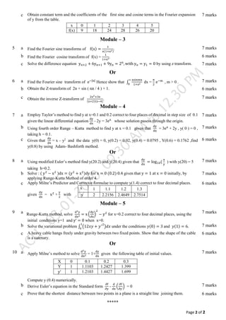 Page 2 of 2
c Obtain constant term and the coefficients of the first sine and cosine terms in the Fourier expansion
of y from the table.
x 0 1 2 3 4 5
f(x) 9 18 24 28 26 20
7 marks
Module – 3
5 a Find the Fourier sine transforms of f(x) =
1
x(1+x2)
. 7 marks
b Find the Fourier cosine transform of f(x) =
1
1+x2. 6 marks
c Solve the difference equation yn+2 + 6yn+1 + 9yn = 2n
, with yo = y1 = 0 by using z transform. 7 marks
Or
6 a Find the Fourier sine transform of e−|x|
Hence show that ∫
xsinmx
1+x2
∞
0
dx =
π
2
e−m
, m > 0 . 7 marks
b Obtain the Z-transform of 2n + sin ( nπ / 4 ) + 1. 6 marks
c Obtain the inverse Z-transform of
2z2+3z
(z+2)(z−4)
. 7 marks
Module – 4
7 a Employ Taylor’s method to find y at x=0.1 and 0.2 correct to four places of decimal in step size of 0.1
given the linear differential equation
dy
dx
- 2y = 3ex
whose solution pasess through the origin.
7 marks
b Using fourth order Runge – Kutta method to find y at x = 0.1 given that
dy
dx
= 3ex
+ 2y , y( 0 ) = 0 ,
taking h = 0.1.
7 marks
c Given that
dy
dx
= x – y2
and the data y(0) = 0, y(0.2) = 0.02, y(0.4) = 0.0795 , Y(0.6) = 0.1762 ,find
y(0.8) by using Adam- Bashforth method.
6 marks
Or
8 a Using modified Euler’s method find y(20.2) and y(20.4) given that
dy
dx
= log10(
x
y
) with y(20) = 5
taking h=0.2.
7 marks
b Solve : ( y2
− x2
)dx = (y2
+ x2
)dy for x = 0 (0.2) 0.4 given that y = 1 at x = 0 initially, by
applying Runge-Kutta Method of order 4.
7 marks
c Apply Milne’s Predictor and Corrector formulae to compute y(1.4) correct to four decimal places.
given
dy
dx
= x2
+
y
2
with
x 1 1.1 1.2 1.3
y 2 2.2156 2.4649 2.7514
6 marks
Module – 5
9 a
By Runge-Kutta method, solve
d2y
dx2 = x (
dy
dx
)
2
− y2
for x=0.2 correct to four decimal places, using the
initial conditions y=1 and y′ = 0 when x=0.
7 marks
b Solve the variational problem ∫ (12𝑥𝑦 + 𝑦′2
)𝑑𝑥
1
0
under the conditions 𝑦(0) = 3 and 𝑦(1) = 6. 7 marks
c A heavy cable hangs freely under gravity between two fixed points. Show that the shape of the cable
is a catenary.
6 marks
Or
10 a Apply Milne’s method to solve
d2y
dx2 = 1+
dy
dx
given the following table of initial values.
Compute y (0.4) numerically.
X 0 0.1 0.2 0.3
Y 1 1.1103 1.2427 1.399
y′ 1 1.2103 1.4427 1.699
7 marks
b Derive Euler’s equation in the Standard form
∂f
∂y
-
d
dx
(
∂f
∂y′
) = 0 7 marks
c Prove that the shortest distance between two points in a plane is a straight line joining them. 6 marks
*****
 