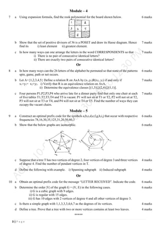 3 | P a g e
Module – 4
7 a Using expansion formula, find the rook polynomial for the board shown below. 6 marks
b Show that the set of positive divisors of 36 is a POSET and draw its Hasse diagram. Hence
find its i) least element ii) greatest element.
7 marks
c In how many ways can one arrange the letters in the word CORRESPONDENTS so that
i) There is no pair of consecutive identical letters?
ii) There are exactly two pairs of consecutive identical letters?
7 marks
Or
8 a In how many ways can the 26 letters of the alphabet be permuted so that none of the patterns
spin, game, path or net occurs.
6 marks
b Let A={1,2,3,4,5} Define a relation R on AxA by (x1,y1)R(x2, y2) if and only if
x1+y1= x2+y2. i) Verify that R is an equivalence relation on AxA.
ii) Determine the equivalence classes [(1,3)],[(2,4)],[(1,1)].
7 marks
c Four persons P1,P2,P3,P4 who arrive late for a dinner party find that only one chair at each
of five tables T1,T2,T3,T4 and T5 is vacant. P1 will not sit at T1 or T2, P2 will not sit at T2,
P3 will not sit at T3 or T4, and P4 will not sit at T4 or T5. Find the number of ways they can
occupy the vacant chairs.
7 marks
Module – 5
9 a Construct an optimal prefix code for the symbols a,b,c,d,e,f,g,h,i,j that occur with respective
frequencies 78,16,30,35,125,31,20,50,80,3
6 marks
b Show that the below graphs are isomorphic. 6 marks
c Suppose that a tree T has two vertices of degree 2, four vertices of degree 3 and three vertices
of degree 4. Find the number of pendant vertices in T.
4 marks
d Define the following with example. i) Spanning subgraph ii) Induced subgraph 4 marks
Or
10 a Obtain an optimal prefix code for the message “LETTER RECEIVED”. Indicate the code. 6 marks
b Determine the order |V| of the graph G = (V, E) in the following cases.
i) G is a cubic graph with 9 edges.
ii) G is regular with 15 edges.
iii) G has 10 edges with 2 vertices of degree 4 and all other vertices of degree 3.
6 marks
c Is there a simple graph with 1,1,3,3,3,4,6,7 as the degrees of its vertices. 4 marks
d Define a tree. Prove that a tree with two or more vertices contains at least two leaves. 4 marks
*****
 