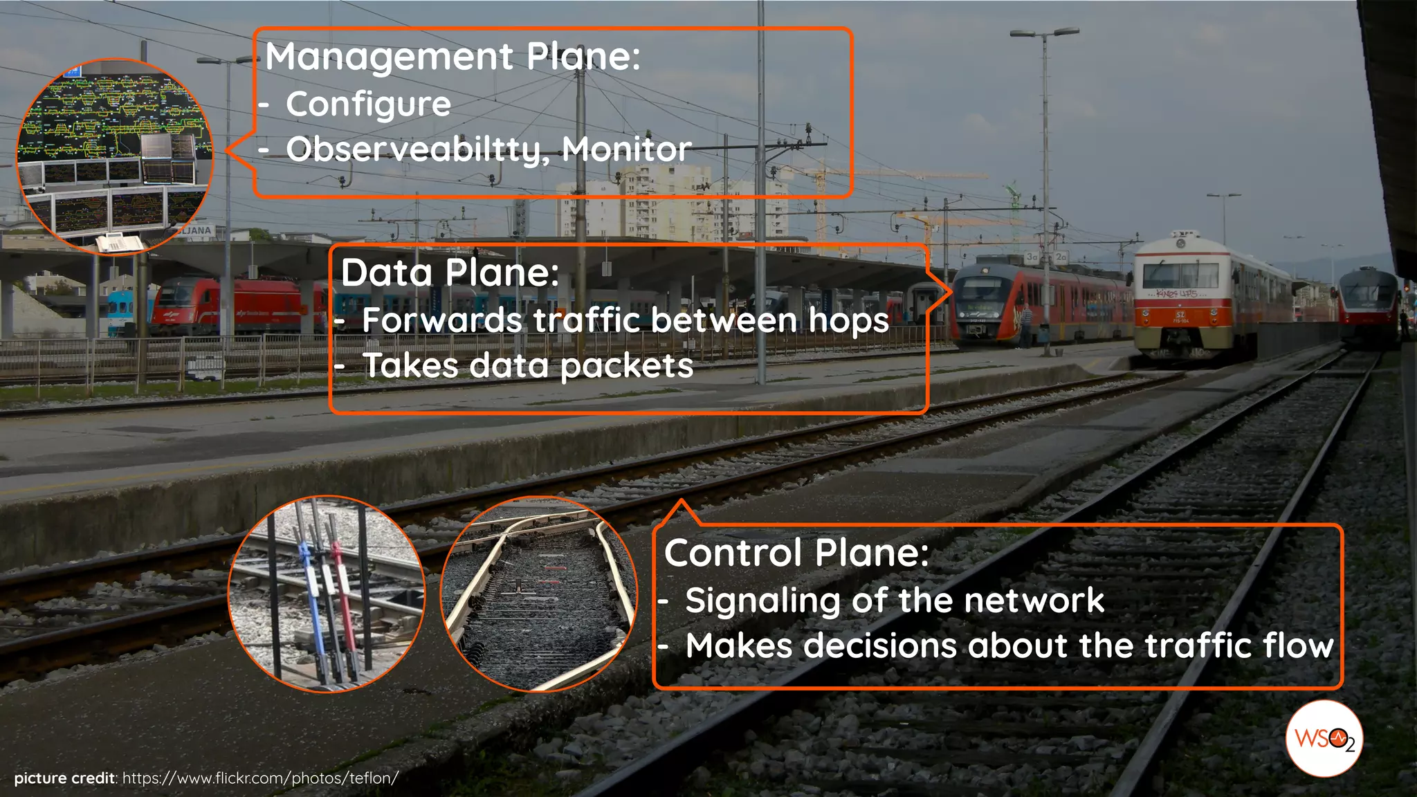 Control Plane:
- Signaling of the network
- Makes decisions about the traffic flow
Data Plane:
- Forwards traffic between hops
- Takes data packets
picture credit: https://www.flickr.com/photos/teflon/
Management Plane:
- Configure
- Observeabiltty, Monitor
 