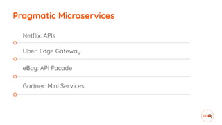 Pragmatic Microservices
Netflix: APIs
Uber: Edge Gateway
eBay: API Facade
Gartner: Mini Services
 