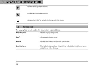 1 MEANS OF REPRESENTATION
10
Indicates a voltage measurement.
Indicates a current measurement.
Indicates the end of an activity, including potential rework.
1.2 Formats used
The typographical formats used in this document are explained below.
Proprietary name Indicates a proprietary name.
Name® Indicates a protected name.
Brand™ Indicates a brand available on the open market.
Underlined terms Refer to technical details of the vehicle or indicate technical terms, which
are explained in the glossary.
 