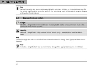 2 SAFETY ADVICE
12
Info
Various information and warning labels are attached in prominent locations on the product described. Do
not remove any information or warning labels. If they are missing, you or others may not recognize dangers
and may therefore be injured.
2.4 Degrees of risk and symbols
Danger
Identifies a danger that will immediately and invariably lead to fatal or serious permanent injury if the
appropriate measures are not taken.
Warning
Identifies a danger that is likely to lead to fatal or serious injury if the appropriate measures are not
taken.
Note
Identifies a danger that will lead to considerable machine and material damage if the appropriate measures are
not taken.
Note
Indicates a danger that will lead to environmental damage if the appropriate measures are not taken.
 