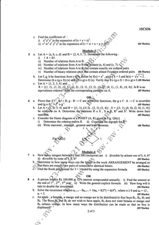 c. Find the coefficient of : " ft
'
i*-*;f;t i"iil;.purrio,of(x+ y + z)7. r'' d'$-'';')'"
iD l;3 * t' ,o in ihe expansion of (v r- w * x+ y #,#r#''
...- *u ''J
Module-3:!,, *
Let A: {a, b, c, d} and B: {2,4,5,7).Detet$-lfri he following:
;:
i) I A x B1. ..*.+,
+r'J ,,;!
ir) Number of relations from A to B. ffia, ;,,iliil*'
iii) Number of relations from A to B tl&#ntain (a, 4) and (c, 7).@it
iv) Number of relations from A to Bjhafbontain exactly six ordqledpairs.
15CS36
(04 Marks)
lsan
(05 Marks)
5a.
b.
v) Number of binary relations orAtffat contain atleast fog{g,f,3 ordered pairs. (06 Marks)
Let t, g, h be tunctions from, ffiff'6fre by f(x) = x2 , g14ffi + 5 and h(x) : ",1* ., .
Determine(ho(go0)(x)ai'ft(ft."e)o0(x).VerifythaJ"EnGo0=(hog)of(05Marks)
Let A = 11,2,3,4) and.,,,,., ..$.
N
R: {(1, 1), (1, 2) ,(?a);|,;p,2) ,(3,1), (3, 3) , (t}d)',, (4,
equivalence relation? Fj,fl-{-tne corresponding partiflon on A.
t o*.*o
6 a. Provethat if fL46.B, g: B -- C arep)1erffible funetions, the go f :A--+ C is invertible
and (g o 0 l = f' o g-'. "qqF (05 Marks)
),.!.J:.:.:.
b. LetA-:,9[1]?;3,4] andR= {(1, l)-(H2),(2,3),(3,4)}, S =J(3, l),4,4),(2,4),(1,4)
b" rqldhrjfi,y on A. Determine the.Eti:,lations R o S , S-o4$, * and Sz. Write down their
matri'&$i ,r,;; ; .*".;"-.,
' (05 Marks)
c. Consider the Hasse diagram of a POSET (A, R) gpen:i.n Fig. Q6(c).
i) Determine the relation matrix R ii) Constiubt ihe digraph for R*'
iii) Write maximal, minimal, greatest:rd].+fl.ments.
?
' (06Marks)
o u th^rif,i! .*1
- ;,.. /:: .... ;.. '
,^fu. ,2" "4
FiefQ6tc) #ffi )r i
*.:flF ._, ?p
u'"
Modol"_4 4,h:
7 a. Ho#ffiy integers betwffil?flnd 300 (inclusive) are r) divisible by atleast one of 5, 6, 8?
ii) divisible by none of 5, 6, 8? *.u. (0s Marks)
b. r$termine in how p3ny ways can the lg[1ffp in the work ARRANGEMENT be arranged so
f;:j":$atthere are exactly two pairs of consebitive identical letters. (06 Marks)
i1='Find the Rook polgomial for 3 x 3-"Qoriid by using the expansion formula. (05 Marks)
d' oR
i""'%
8 a. A person inffits Rs 100,000 al 12% interest compounded annually : i) Find the amount at
the end of l't , 2nd , 3'd yeq1.. iil Write the general explicit formula iii) How long will it
take to double the investment. (06 Marks)
Solve the recurrence rd lbn ?n+z-8ana1 * l6an = 8(5") + 6(4), where n > 0 and h: 12,
ot : 5. , L' (05 Marks)
I
An apple , a banatiL a mango and an orange are to be distributed to four boys 81, Bz, Br and
B+. The Boys*Ei,;dhd Bz do not wish to have apple, 83 does not want banana or mango and
Ba refuses o$hge. In how many ways the distribution can be made so that no boy is
displeasedJ s (05 Marks)
'.e.,,.,.1:'ul' 2 of 3
,
i,,,iii
;:iliu
b.
c.
 