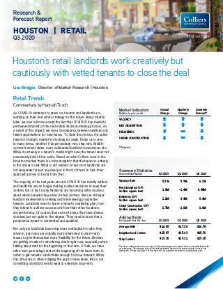 Research &
Forecast Report
HOUSTON | RETAIL
Q3 2020
Lisa Bridges Director of Market Research | Houston
Retail Trends
Commentary by Hannah Tosch
As COVID-19 continues to press on, tenants and landlords are
working on their real estate strategy for the future. Many months
later, we must all now accept the fact that COVID-19 has made its
permanent imprint on the real estate decision-making process. As
a result of this impact, we see a discrepancy between landlord and
tenant expectations for new leases. To state the obvious, the active
tenants in today’s market are looking for deals. Deals can come
in many forms, whether it be percentage rent, step rent, flexible
commencement dates, more substantial landlord concessions, etc.
While it certainly is a tenant’s market right now, the tenant does not
necessarily hold all the cards. Based on what Colliers sees in the
Houston market, there is a misconception that the tenant is entirely
in the driver’s seat. What is not evident is that most landlords are
not desperate for just any deal put in front of them. In fact, their
approach proves to be far from that.
The majority of the real panic around COVID-19 has mostly settled,
and landlords are no longer making rushed decisions to keep their
centers full. In fact, many landlords are becoming extra cautious
about which tenants they allow in their centers. We see stronger
landlord involvement in vetting and interviewing prospective
tenants. Landlords want to know a tenant’s marketing plan, how
they intend to achieve success and how their other locations
are performing. Of course, these are all boxes they have always
checked, but not quite to this degree. They need to know that a
prospective tenant is substantial and qualified.
Not only are landlords becoming more methodical on who they
allow in, but many are actually more interested in short-term
leases to give themselves more flexibility for the future. Brokers
are getting creative in structuring deals right now, especially when
talking about rent for the beginning of the term. Of late, we have
often seen percentage rent at the beginning of the lease term in
order to get tenants comfortable enough to move forward. While
this structure is often bridging the gap to make deals, this is not
something a landlord would want to entertain long-term.
Houston’s retail landlords work creatively but
cautiously with vetted tenants to close the deal
Summary Statistics
Houston Retail Market Q3 2019 Q2 2020 Q3 2020
Vacancy Rate 5.3% 5.9% 6.1%
Net Absorption (SF)
(million square feet)
1.0M -1.4M 0.08M
Deliveries (SF)
(million square feet)
1.2M 0.4M 0.4M
Under Construction (SF)
(million square feet)
2.7M 1.6M 1.6M
Asking Rents
Per Square Foot Per Year Q3 2019 Q2 2020 Q3 2020
Average NNN $16.65 $17.36 $16.78
Neighborhood Centers $15.87 $15.43 $15.76
Strip Centers $19.35 $19.31 $19.35
The above asking rents are an average of all property types and classes that are currently listed with
an asking rate. This average does not include properties that are fully leased or that do not list an
asking rate. Please see page 2 of this report for an expanded discussion of retail rental rates.
Market Indicators
Relative to prior period
Annual
Change
Quarterly
Change
Quarterly
Forecast*
VACANCY
NET ABSORPTION
DELIVERIES
UNDER CONSTRUCTION
*Projected
 