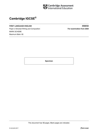 Cambridge IGCSE First Language English Paper 2 Mark Scheme and ...