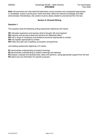 Cambridge IGCSE First Language English Paper 2 Mark Scheme and ...