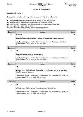 Cambridge IGCSE First Language English Paper 2 Mark Scheme and ...