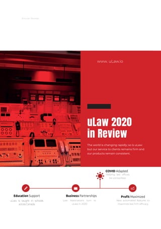 Annual Review
uLaw is taught in schools
acrossCanada
Law Associations turn to
uLaw in 2020
New automated features to
maximize law firm efficacy
Education Support Business Partnerships Profit Maximized
uLaw 2020
in Review
The world is changing rapidly; so is uLaw:
but our service to clients remains firm and
our products remain consistent.
www. uLaw.io
COVID Adapted
Helping law offices
be contactless
 