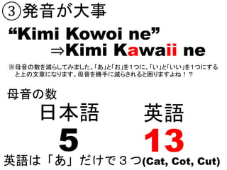 ③発音が大事
“Kimi Kowoi ne”
英語は「あ」だけで３つ(Cat, Cot, Cut)
日本語
5
英語
13
⇒Kimi Kawaii ne
母音の数
※母音の数を減らしてみました。「あ」と「お」を１つに、「い」と「いい」を１つにする
と上の文章になります。母音を勝手に減らされると困りますよね！？
 