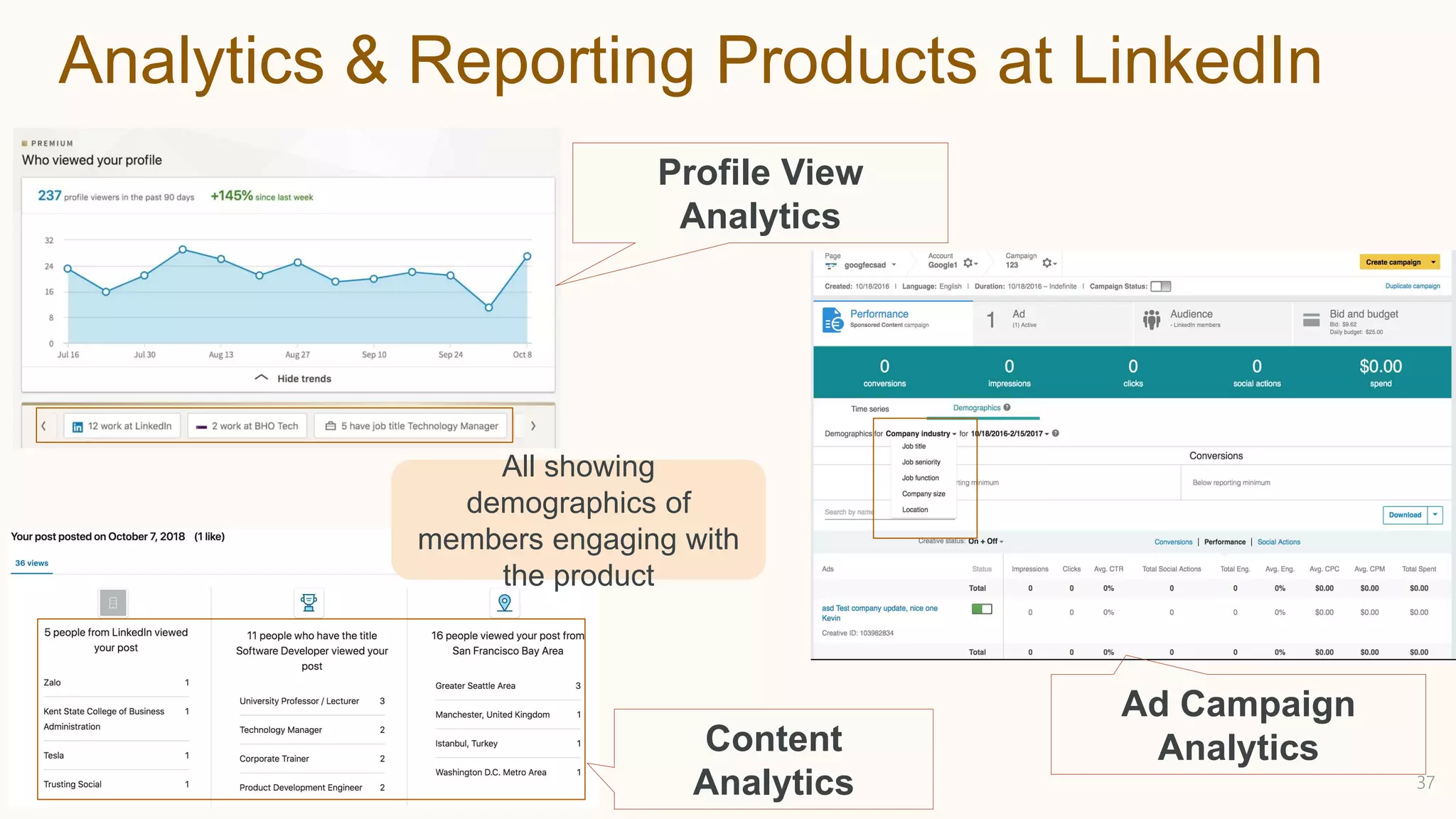Analytics & Reporting Products at LinkedIn
Profile View
Analytics
37
Content
Analytics
Ad Campaign
Analytics
All showing
demographics of
members engaging with
the product
 