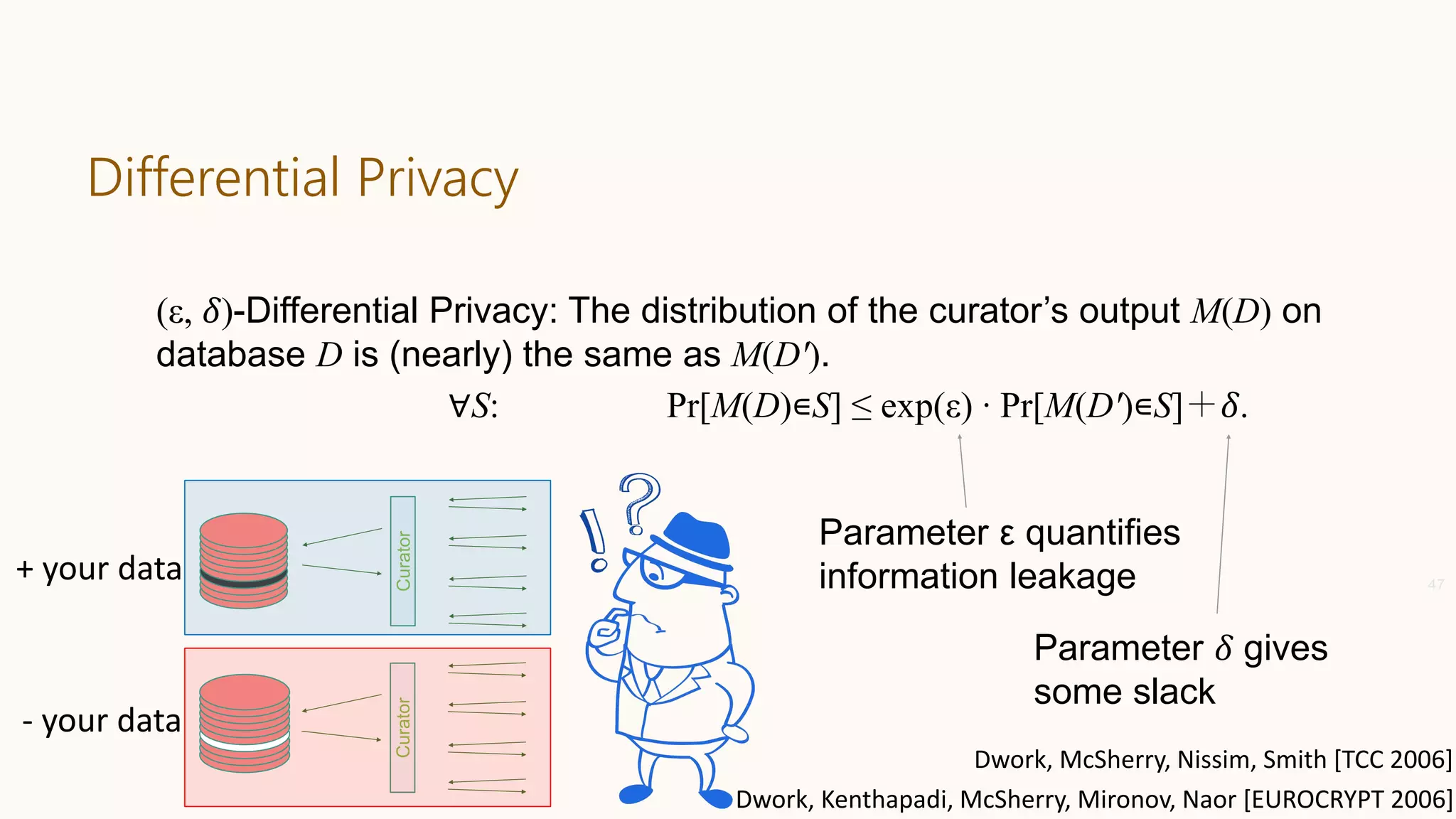(ε, 𝛿)-Differential Privacy: The distribution of the curator’s output M(D) on
database D is (nearly) the same as M(D′).
Differential Privacy
47
Curator
Parameter ε quantifies
information leakage
∀S: Pr[M(D)∊S] ≤ exp(ε) ∙ Pr[M(D′)∊S]＋𝛿.Curator
Parameter 𝛿 gives
some slack
Dwork, Kenthapadi, McSherry, Mironov, Naor [EUROCRYPT 2006]
+ your data
- your data
Dwork, McSherry, Nissim, Smith [TCC 2006]
 