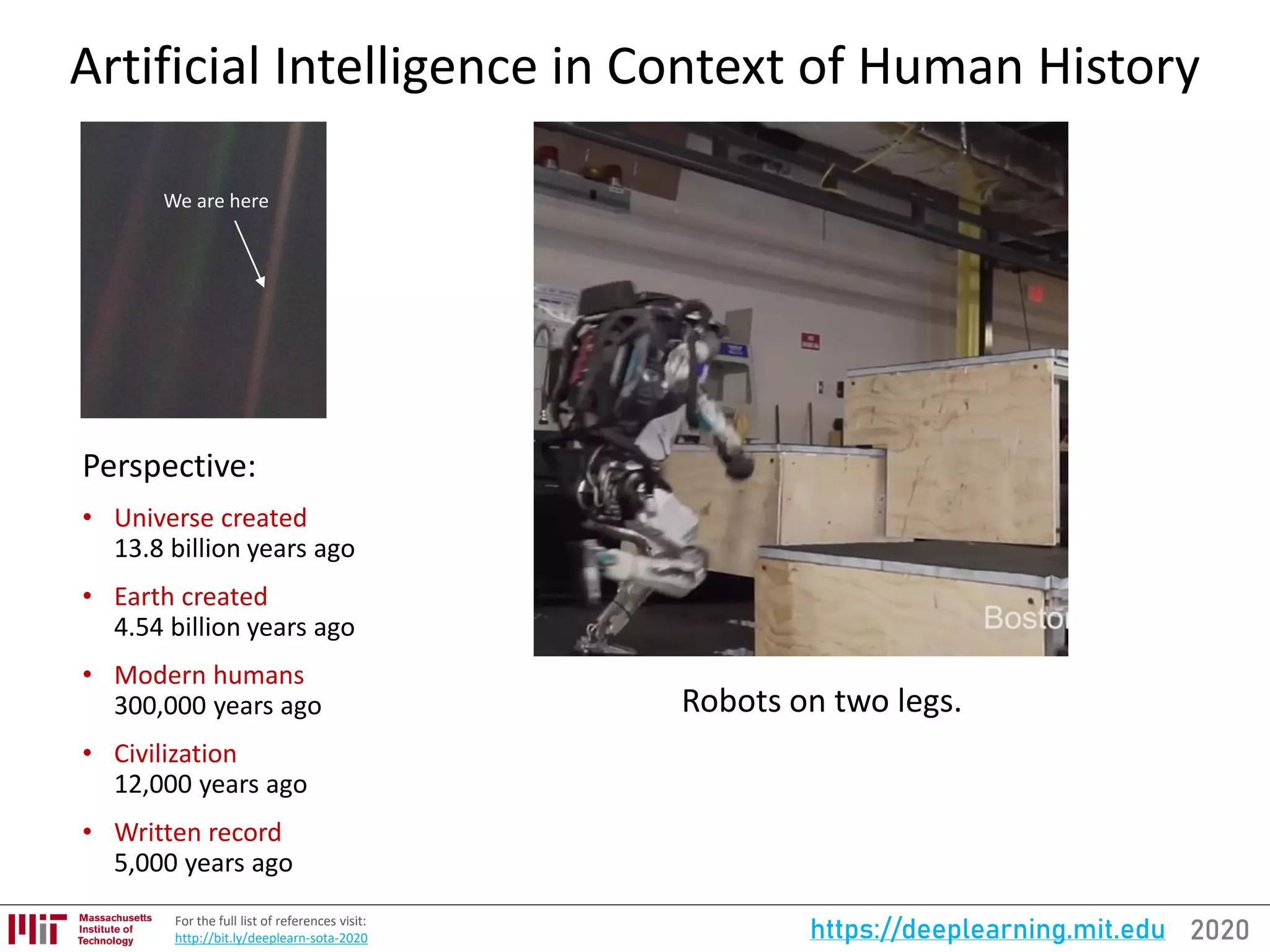 2020https://deeplearning.mit.eduFor the full list of references visit:
http://bit.ly/deeplearn-sota-2020
Artificial Intelligence in Context of Human History
Robots on two legs.
We are here
Perspective:
• Universe created
13.8 billion years ago
• Earth created
4.54 billion years ago
• Modern humans
300,000 years ago
• Civilization
12,000 years ago
• Written record
5,000 years ago
 