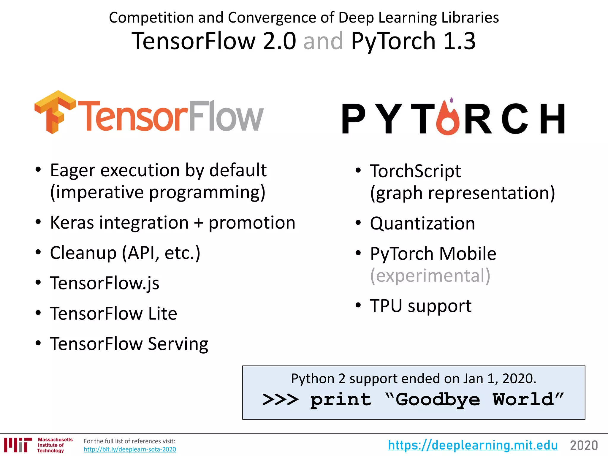 2020https://deeplearning.mit.eduFor the full list of references visit:
http://bit.ly/deeplearn-sota-2020
Competition and Convergence of Deep Learning Libraries
TensorFlow 2.0 and PyTorch 1.3
• Eager execution by default
(imperative programming)
• Keras integration + promotion
• Cleanup (API, etc.)
• TensorFlow.js
• TensorFlow Lite
• TensorFlow Serving
• TorchScript
(graph representation)
• Quantization
• PyTorch Mobile
(experimental)
• TPU support
Python 2 support ended on Jan 1, 2020.
>>> print “Goodbye World”
 