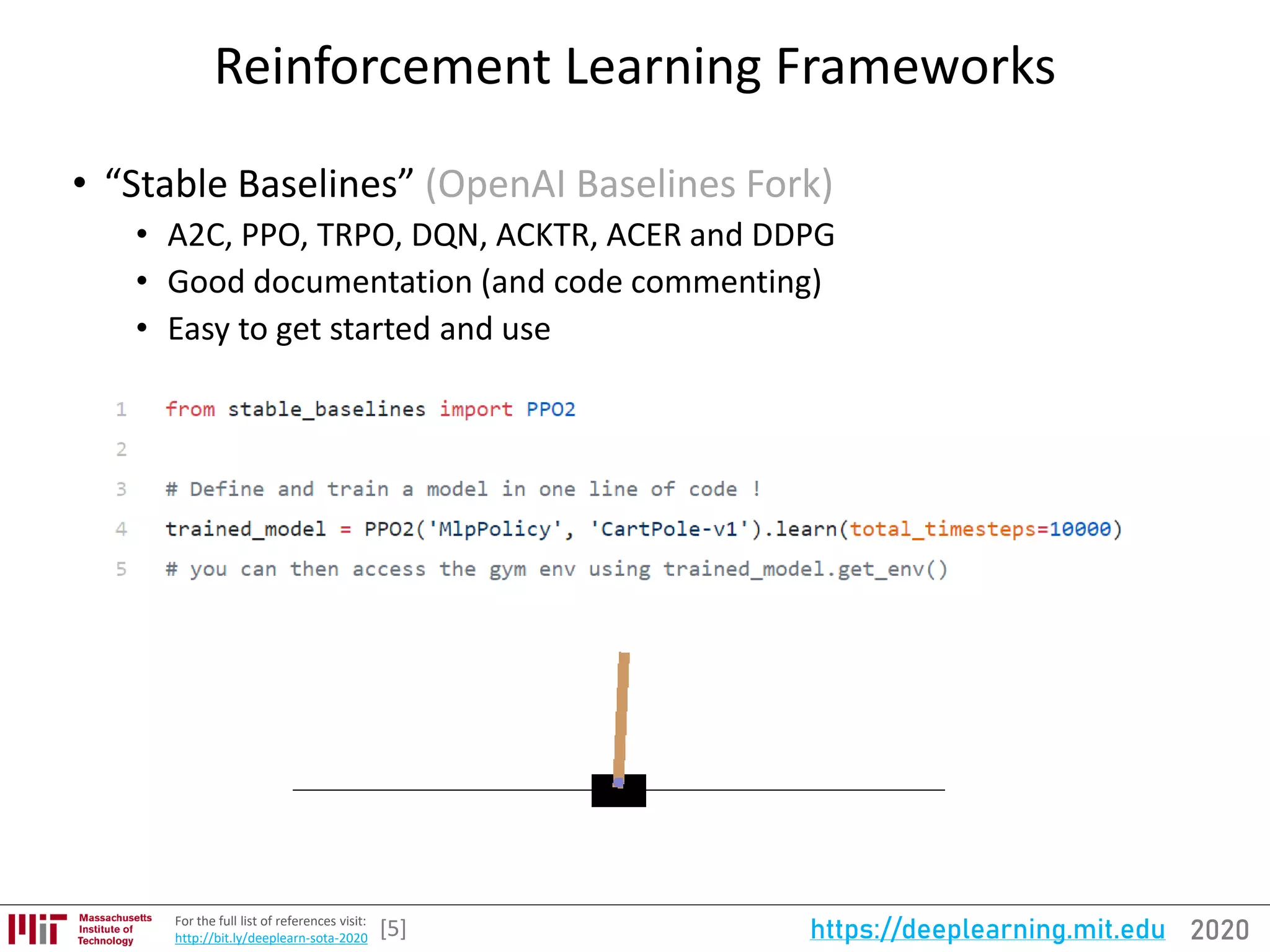 2020https://deeplearning.mit.eduFor the full list of references visit:
http://bit.ly/deeplearn-sota-2020
Reinforcement Learning Frameworks
• “Stable Baselines” (OpenAI Baselines Fork)
• A2C, PPO, TRPO, DQN, ACKTR, ACER and DDPG
• Good documentation (and code commenting)
• Easy to get started and use
[5]
 