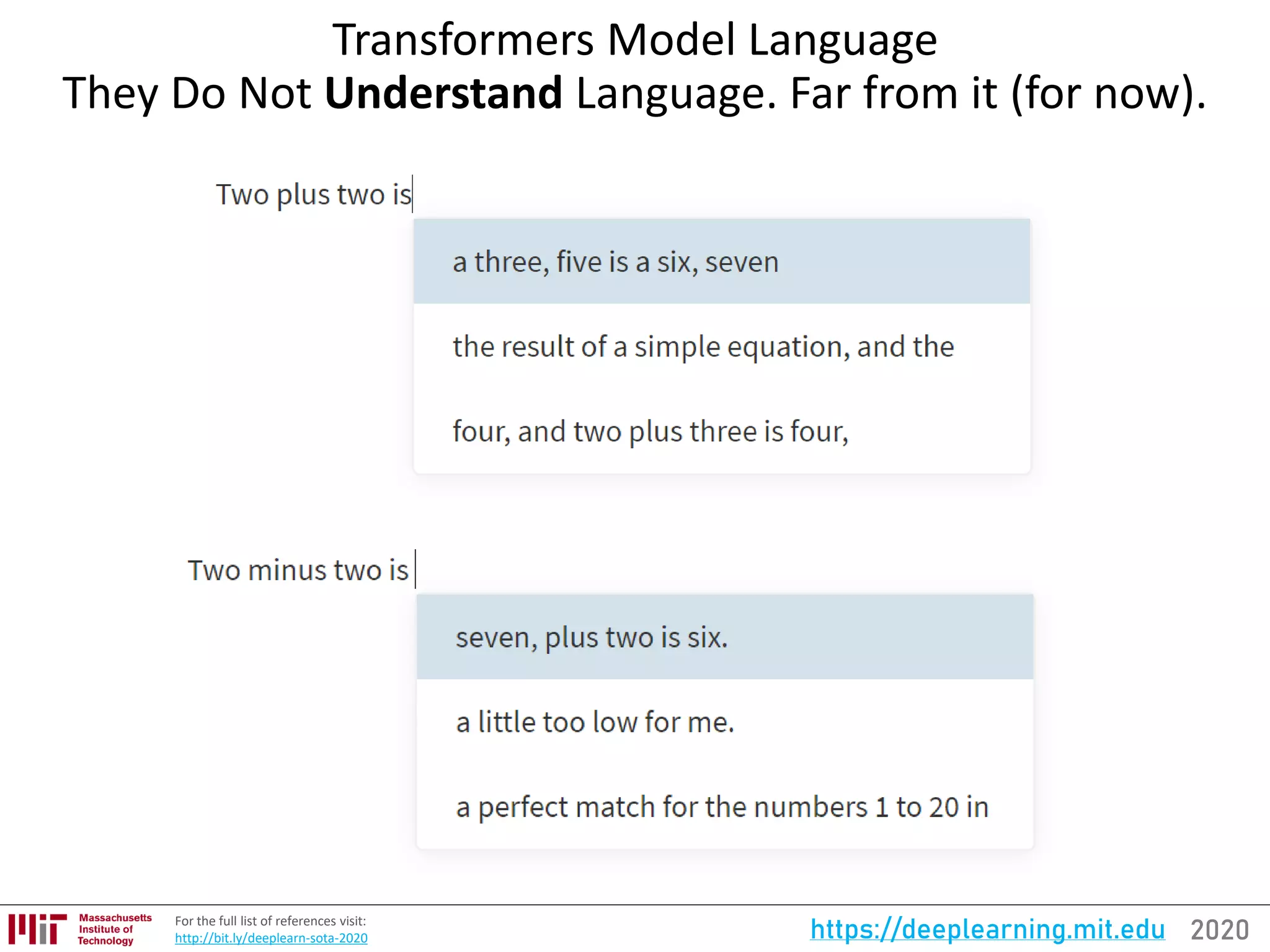2020https://deeplearning.mit.eduFor the full list of references visit:
http://bit.ly/deeplearn-sota-2020
Transformers Model Language
They Do Not Understand Language. Far from it (for now).
 