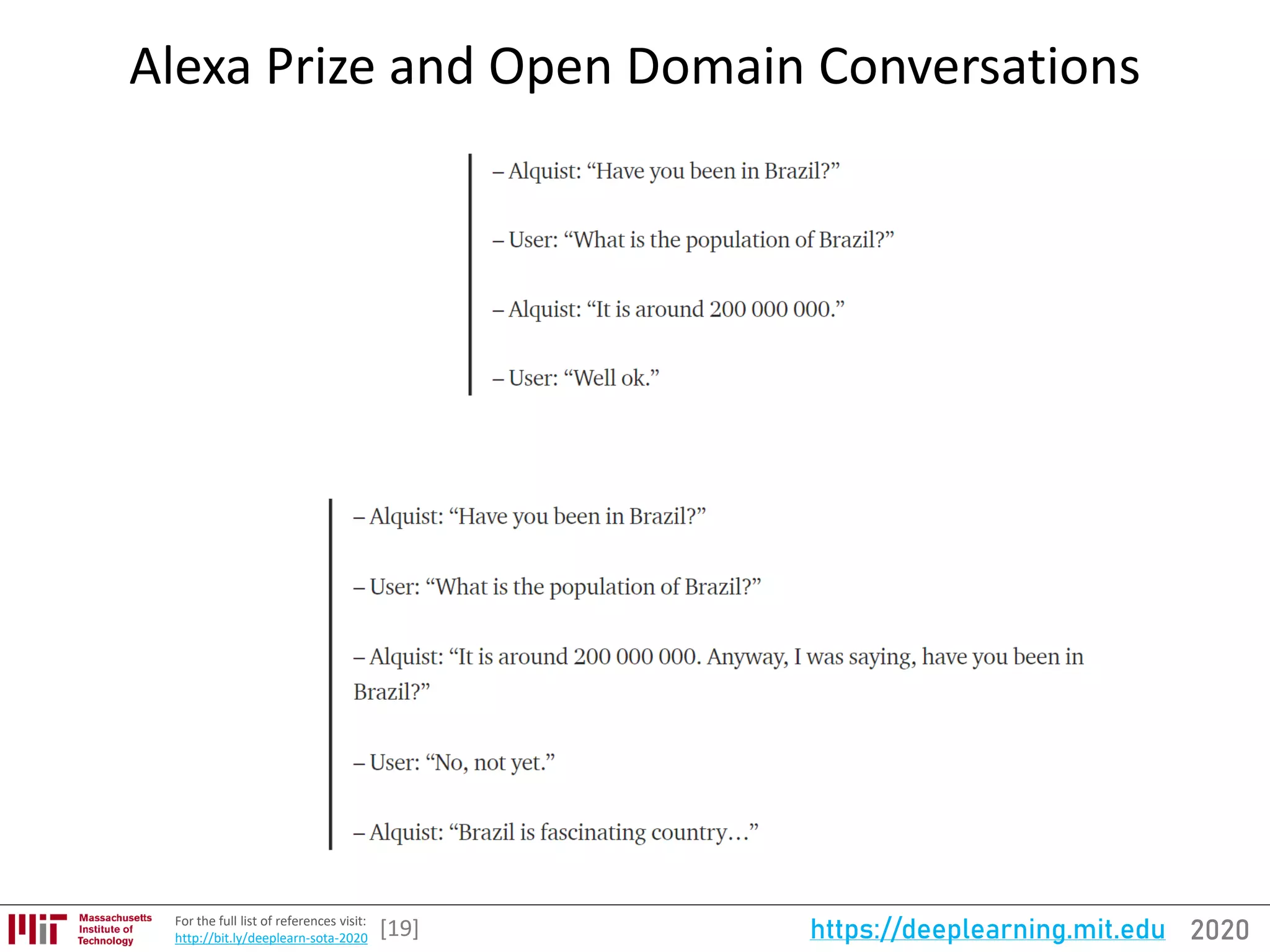 2020https://deeplearning.mit.eduFor the full list of references visit:
http://bit.ly/deeplearn-sota-2020
Alexa Prize and Open Domain Conversations
[19]
 