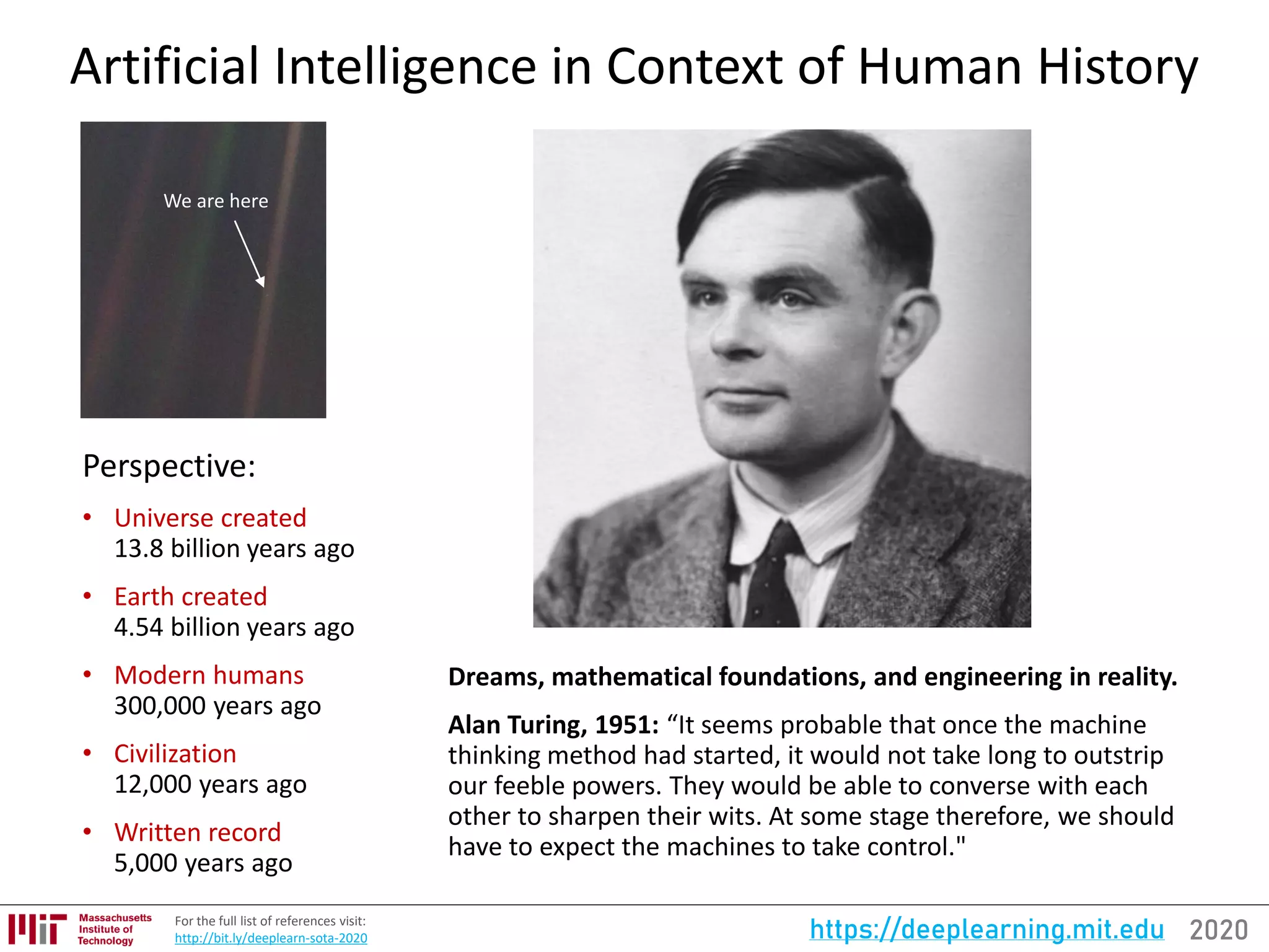 2020https://deeplearning.mit.eduFor the full list of references visit:
http://bit.ly/deeplearn-sota-2020
Artificial Intelligence in Context of Human History
Dreams, mathematical foundations, and engineering in reality.
Alan Turing, 1951: “It seems probable that once the machine
thinking method had started, it would not take long to outstrip
our feeble powers. They would be able to converse with each
other to sharpen their wits. At some stage therefore, we should
have to expect the machines to take control."
We are here
Perspective:
• Universe created
13.8 billion years ago
• Earth created
4.54 billion years ago
• Modern humans
300,000 years ago
• Civilization
12,000 years ago
• Written record
5,000 years ago
 