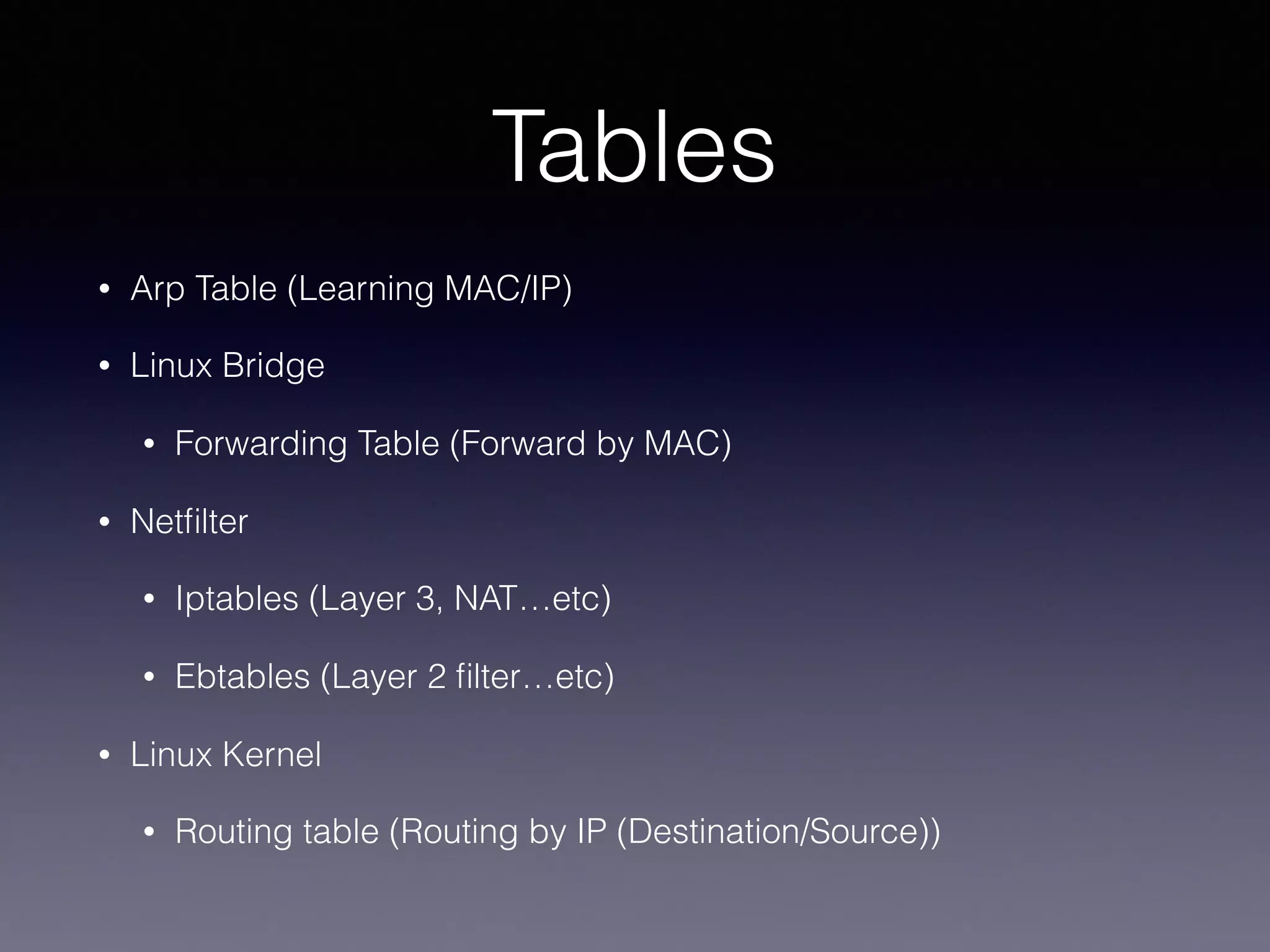 Tables
• Arp Table (Learning MAC/IP)
• Linux Bridge
• Forwarding Table (Forward by MAC)
• Netﬁlter
• Iptables (Layer 3, NAT…etc)
• Ebtables (Layer 2 ﬁlter…etc)
• Linux Kernel
• Routing table (Routing by IP (Destination/Source))
 