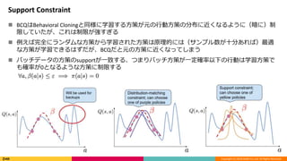 Copyright (C) 2018 DeNA Co.,Ltd. All Rights Reserved.
Support Constraint
 BCQはBehavioral Cloningと同様に学習する方策が元の行動方策の分布に近くなるように（暗に）制
限していたが、これは制限が強すぎる
 例えば完全にランダムな方策から学習された方策は原理的には（サンプル数が十分あれば）最適
な方策が学習できるはずだが、BCQだと元の方策に近くなってしまう
 バッチデータの方策のsupportが一致する、つまりバッチ方策が一定確率以下の行動は学習方策で
も確率が0となるような方策に制限する
 