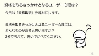 12	
資格を取るきっかけとなるユーザー⼼理は？
今⽇は「資格取得」を教材にします。
資格を取るきっかけとなるユーザー⼼理には、
どんなものがあると思いますか？
2分で考えて、思い浮かべてください。
 