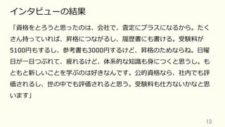 15	
インタビューの結果
「資格をとろうと思ったのは、会社で、査定にプラスになるから。たく
さん持っていれば、昇格につながるし、履歴書にも書ける。受験料が
5100円もするし、参考書も3000円するけど、昇格のためならね。⽇曜
⽇が⼀⽇つぶれて、疲れるけど、体系的な知識も⾝につくと思うし。も
ともと新しいことを学ぶのは好きなんです。公的資格なら、社内でも評
価されるし、世の中でも評価されると思う。受験料も仕⽅ないかなと思
います」
 
