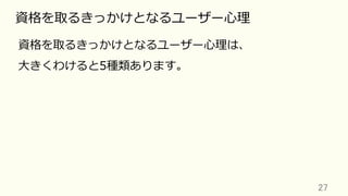 27	
資格を取るきっかけとなるユーザー⼼理
資格を取るきっかけとなるユーザー⼼理は、
⼤きくわけると5種類あります。
 
