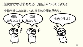 30	
仮説はかならずあたる（確証バイアスにより）
中途半端にあたる。むしろ他の⼼理を⾒失う。
仮説
あたった！
他の⼼理は？
仮説
あたった！
 