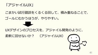 41	
「アジャイルUX」
こまかい試⾏錯誤をくるくる回して、積み重ねることで、
ゴールにむかうほうが、やりやすい。
UXデザインのプロセスを、アジャイル開発のように、
柔軟に回せないか？ （アジャイルUX）
 