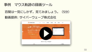 50	
事例 マウス軌跡の録画ツール
百聞は⼀⾒にしかず。⾒てみましょう。（5分）
動画提供: サイバーウェーブ株式会社
 