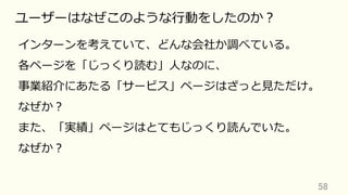 58	
ユーザーはなぜこのような⾏動をしたのか？
インターンを考えていて、どんな会社か調べている。
各ページを「じっくり読む」⼈なのに、
事業紹介にあたる「サービス」ページはざっと⾒ただけ。
なぜか？
また、「実績」ページはとてもじっくり読んでいた。
なぜか？
 