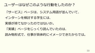 59	
ユーザーはなぜこのような⾏動をしたのか？
「サービス」ページは、システム⽤語が並んでいて、
インターンを検討する学⽣には、
実感が持てなかったのではないか。
「実績」ページをじっくり読んでいたのは、
読み物形式で、仕事が具体的にイメージできたからでは。
 