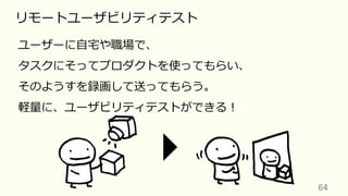 64	
リモートユーザビリティテスト
ユーザーに⾃宅や職場で、
タスクにそってプロダクトを使ってもらい、
そのようすを録画して送ってもらう。
軽量に、ユーザビリティテストができる！
 