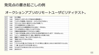 66	
発⾒点の書き起こしの例
オークションアプリのリモートユーザビリティテスト。
 