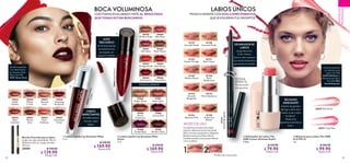 54 55
 ﻿Brocha Precisión para Labios
Largo con tapa ensamblada: 18 cm.
Diámetro: 0.6 cm. Largo cerrado:
10.4 cm.
29599 $ 140.00
 $ 139.90
Puntos: 3.61
36031 Cosy Pink
36030 Soft Peach
36030SoftPeach
  Delineador de Labios The
ONE Colour Ultimate Stylist
0.28 g
  $ 120.00
 $ 79.90
Puntos: 4.12
  Labial Líquido Lip Sensation Mate
Velvet
5 ml
  $ 230.00
 $ 169.90
Puntos: 8.76
  Labial Líquido Lip Sensation Mate
5 ml
  $ 230.00
 $ 169.90
Puntos: 8.76
  Bálsamo para Labios The ONE
A-Z FPS 25
4 g
  $ 160.00
 $ 99.90
Puntos: 5.15
MAQUILLAJE
PROFESIONAL
LABIOS ÚNICOS
TRAZA E HIDRATA CON DOS COMPLEMENTOS
QUE SEVOLVERÁNTUS FAVORITOS.
35824
Nude
Passion
35828
Tempting
Burgundy
35826
Mauve
Crush
35829
Chocolate
Crave
35822
Sensual
Latte
35827
Mocha
Envy
35823
Rose
Embrace
Modelomaquillada
con:LabialLíquido
LipSensationMate
Velvet TheONE
41967 BrownClove.
Modelomaquillada
con:Bálsamopara
Labios TheONE
36030SoftPeach y
DelineadordeLabios
TheONE41154
SmoothBurgundy.
LABIOS
IMPACTANTES
Increíble textura
mousse, súper
ligera.
38459
Mellow Nude
38460
Silky Rose
38461
Pink Satin
38462
Plush Mauve
38463
Orange Suede
38464
Red Velour
38465
Soft Cherry
38466
Velvet Plum
41967
Brown Clove
41966
Purple Basil
41960
Ginger Nude
41962
Warm
Cinnamon
41961
Sweet Spice
41965
Sumac Red
TONOS LATINOS
MATE
TERCIOPELO
Su fórmula líquida
se transforma en
terciopelo, sin
resecar tus labios.
38465SoftCherry
35829ChocolateCrave
41151
Absolute Pink
41147
Graceful Nude
41152
Sunset Orange
41148
Caramel Mode
41153
Red Carpet
41149
Mellow Mauve
41154
Smooth
Burgundy
41154
SmoothBurgundy
41150
Rose
Tenderness
41155
Plum Opulence
41156
Audacious
Brown
MODO DE USO:
1. 2.
SISTEMA
RETRÁCTIL
No necesita
sacapuntas.
Comienzaenelcentrodetulabio
superior,delinealaformanaturaldel
labiocontrazospequeñosydelgados.
Repitelomismoenellabioinferior.
Tambiénpuedesusarlospararellenar,
comounlabial.
DELINEADOR DE
LABIOS
Larga duración.
Color intenso.
Textura ultra cremosa.
Con ácido hialurónico
que ayuda a hidratar.
BÁLSAMO
HIDRATANTE
Infusión de germen
de trigo y aloe vera.
Calma, nutre y alisa
los labios*.
Reduce la
apariencia de líneas
finas*.




*Prueba de consumidor.
BOCA VOLUMINOSA
CONTONOS ENACABADO MATE, EL RESULTADO
QUETODAS ESTÁN BUSCANDO.
35825
Spicy
Caramel
 