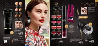 60 61
  Pincel Dual para Delinear Ojos
Giordani Gold
Bambú, aluminio y cerdas de nylon. Medidas:
165 mm de largo x 6,4 mm de ancho.
29906 $ 169.90
 $ 49.90
Puntos: 1.29
  Delineador de Ojos en
Gel Giordani Gold Supreme
4.5 g
33668 $ 240.00
 $ 149.90
Puntos: 7.73
 ﻿Brocha para Base de Maquillaje
Giordani Gold
Aluminio, nylon y bambú. Medidas: 15
x 1.7 x 2 cm.
30887 $ 220.00
Puntos: 5.67
  Labial Icónico FPS 15 Giordani
Gold Elíxir
3.5 ml
  $ 280.00
 $ 189.90
Puntos: 9.79
  Base de Maquillaje
Metamorfosis Giordani Gold
30 ml
  $ 350.00
 $ 299.90
Puntos: 15.47
ELÍXIR SÚPER
MATE
33807ElegantBurgundy
33800
Praline
Nude
33801
Coral
Hibiscus
33802
Poppy
Pink
33803
Cerise
Pink
33804
Scarlet
Orange
33805
True
Red
33806
Ruby
Red
33807
Elegant
Burgundy
COMPOSICIÓN VEGANA
Bambú y pelo sintético que
ofrece la misma calidad que
el pelo natural de animal.
35214
Pastel Ivory
Warm
35217
Mild
Cinnamon
Warm
35213
Light
Porcelain
Cool
35216
Gold Sand
Warm
35218
Intense
Mocha
Warm
35215
Soft Beige
Cool
ANTES DESPUÉS
FPS 15
Previene el
envejecimiento
prematuro
L A B I O S
G L O R I O S O S
S Ú P E R
M A T E
ACEITE DE
ARGÁN
Regenera e hidrata
los labios
E L Í X I R
El lujo está en la 1era
Base de
MaquillajeGiordani Gold de
Alta Cobertura* que transforma su
textura líquida en polvo aterciopelado
para un efecto súper mate.
*De Oriflame.
MAQUILLAJE
PROFESIONAL
D E L I N E A D O R
E N G E L
•	 Resistente al sudor y
humedad
•	 Intensidad duradera
•	 Ideal para líneas
gruesas o delgadas
•	 Exclusivo empaque
de vidrio
Textura
en Gel
Suave
BASE
ACABADO
SÚPER
MATE
SÚPER
MATE
EDICIÓN LIMITADA
Modelo maquillada
con: Base de
Maquillaje
Metamorfosis 35217
Mild Cinnamon
Warm y Labial
Icónico 33804 Scarlet
Orange.




 