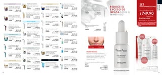 7978
 ﻿Ultimate Lift Tratamiento
Anti-Arrugas Reafirmante
Efecto Lifting FPS 15 50 ml
31540 $ 610.00
Puntos: 31.46
 ﻿Ultimate Lift Tratamiento
Nutritivo Nocturno Anti-
Arrugas Reafirmante Efecto
Lifting 50 ml
31541 $ 610.00
Puntos: 31.46
 ﻿Ultimate Lift Crema
Contorno de Ojos Anti-
Arrugas Reafirmante Efecto
Lifting 15 ml
31542 $ 390.00
Puntos: 20.11
 ﻿True Perfection
Tratamiento Perfeccionador
de Día 50 ml
31978 $ 500.00
Puntos: 25.79
 ﻿True Perfection Sérum
Perfeccionador 30 ml
31979 $ 580.00
Puntos: 29.91
 ﻿True Perfection Refrescante
Iluminador de Ojos 15 ml
31981 $ 340.00
Puntos: 17.53
 ﻿NovAge Time Restore
Tratamiento Restaurador
Densificador FPS 15 50 ml
32627 $ 630.00
Puntos: 32.49
 ﻿NovAge Time Restore
Tratamiento Nocturno
Restaurador Regenerador
50 ml
32628 $ 630.00
Puntos: 32.49
 ﻿NovAge Time Restore Sérum
Restaurador Renovador Anti-
Manchas 30 ml
32630 $ 690.00
Puntos: 35.58
 ﻿Bright Sublime Tratamiento
Avanzado Aclarador Anti-
Manchas Nocturno 50 ml
32658 $ 590.00
Puntos: 30.43
 ﻿Bright Sublime Tratamiento
Avanzado Aclarador Anti-
Manchas FPS 20 50 ml
32803 $ 590.00
Puntos: 30.43
 ﻿Bright Sublime Elíxir Multi-
Acción Aclarador Anti-
Manchas 30 ml
32805 $ 640.00
Puntos: 33.01
 ﻿Contorno de Ojos Ecollagen
Poder Antiarrugas 15 ml
33979 $ 370.00
Puntos: 19.08
 ﻿Tratamiento de Día FPS 30
Ecollagen Poder Antiarrugas
50 ml
33981 $ 590.00
Puntos: 30.43
 ﻿Tratamiento de Noche
Ecollagen Poder Antiarrugas
50 ml
33982 $ 590.00
Puntos: 30.43
 ﻿NovAge Nutri6 Cápsulas
Faciales con Aceites
Naturales 30 cápsulas.
32631 $ 670.00
Puntos: 34.55
 ﻿NovAge Mascarilla Nocturna
Intensiva Restauradora 50 ml
33490 $ 600.00
Puntos: 30.94
 ﻿NovAge Tratamiento Anti-
Rojeces 30 ml
33975 $ 400.00
Puntos: 20.63
 ﻿Gel-Tónico Limpiador 2 en 1
NovAge 150 ml
33984 $ 290.00
Puntos: 14.96
 ﻿Tónico Iluminador NovAge
150 ml
33987 $ 290.00
Puntos: 14.96
 ﻿NovAge Peeling Renovador
Facial 100 ml
33988 $ 350.00
Puntos: 18.05
 ﻿Sérum NovAge para Cuello
y Escote 75 ml
35076 $ 350.00
Puntos: 18.05
 ﻿Pure Skin Gel Exfoliante
Facial Limpieza Profunda
Anti-Imperfecciones 150 ml
32647 $ 170.00
Puntos: 8.77
 ﻿Pure Skin Crema Facial
Matificante Anti-
imperfecciones 50 ml
32649 $ 150.00
Puntos: 7.74
 ﻿Pure Skin Mascarilla de
Carbón Peel-Off 50 ml
34872 $ 170.00
Puntos: 8.77
 ﻿Optimals EvenOut Crema
Contorno de Ojos
Iluminador 15 ml
33226 $ 300.00
Puntos: 15.47
 ﻿Optimals Mascarilla Facial
Hidratante 50 ml
34608 $ 290.00
Puntos: 14.96
 ﻿Limpiador en Gel Optimals
HydraRadiance 150 ml
35406 $ 230.00
Puntos: 11.86
 ﻿Limpiador en Gel Optimals
HydraMatte 150 ml
35409 $ 230.00
Puntos: 11.86
 ﻿Limpiador Espumoso
Optimals Even Out 150 ml
35462 $ 250.00
Puntos: 12.89
ECOLLAGEN
TIME RESTORE
ULTIMATE LIFT
TRUE PERFECTION
BRIGHT SUBLIME
NOVAGE
SKIN CARE
 ﻿Pure Skin Gel Limpiador
Facial Anti-Imperfecciones
150 ml
32646 $ 150.00
Puntos: 7.74
CUIDADO
DELAPIEL
$ 00.00
Lleva 3 productos a solo:
SET
ANTI-IMPERFECCIONES
Valorizado en:
Cód. 802450
Set incluye: 1 Aceite Anti-Imperfecciones,
1 Gel Corrección de Imperfecciones 24
Horas y 1 Emulsión Anti-Imperfecciones
NovAge. ﻿Emulsión Anti-Imperfecciones
NovAge Advanced
30 ml
45252 $ 450.00
Puntos: 23.21
 ﻿Gel Corrección de
Imperfecciones 24 Horas NovAge
15 ml
45253 $ 380.00
Puntos: 19.60
 ﻿Aceite Anti-Imperfecciones Balance Solution
NovAge
15 ml
34508 $ 420.00
 $ 419.90Puntos: 21.65
MODO DE USO
REDUCE EL
EXCESO DE
GRASA DESDE EL
PRIMER USO*
Aplica de 2 a 4 gotas masajeando tu
rostro hasta que se absorba, evitando el
área de los ojos. Úsalo día y noche
después del Limpiador y sigue con tu
Sistema NovAge.
*Clínicamente probado inmediatamente después del
primer uso.
Día y nocheNocheDía
Incluye caja de regalo
$ 749.90
Puntos: 38.67
$ 1,300.00
Antes Después
ACEITE MATIFICANTE
REDUCE
CICATRICES E
IRRITACIONES
MINIMIZA
EL BROTE
MATIFICA
EL ROSTRO
 