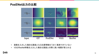 PosENet出力の比較
• 画像を入力した場合は真値となる位置情報をうまく推測できていない
• VGG/ResNet特徴を入力した場合は真値との間に高い相関が見られる
13
 