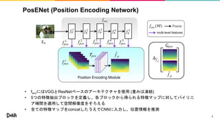 PosENet (Position Encoding Network)
• fencにはVGGとResNetベースのアーキテクチャを使用 (重みは凍結)
• 5つの特徴抽出ブロックを定義し、各ブロックから得られる特徴マップに対してバイリニ
ア補間を適用して空間解像度をそろえる
• 全ての特徴マップをconcatしたうえでCNNに入力し、位置情報を推測
7
 