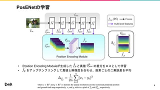 PosENetの学習
• Position Encoding Moduleが生成した と真値 の差分をロスとして学習
• をアップサンプリングして真値と解像度を合わせ、画素ごとの二乗誤差を平均
9
 